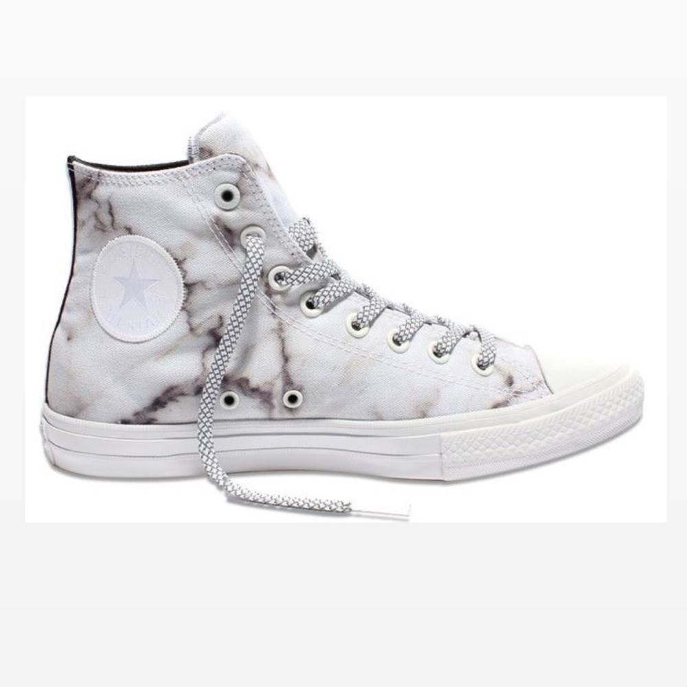 marble print high top converse with reflective laces detailing